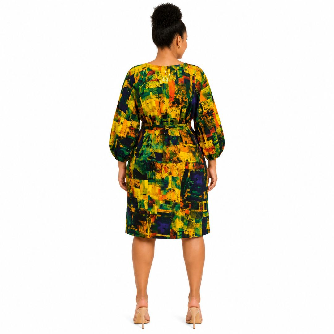 Womens Multicolor Abstract Print Knee Length Dress with Waist Tie